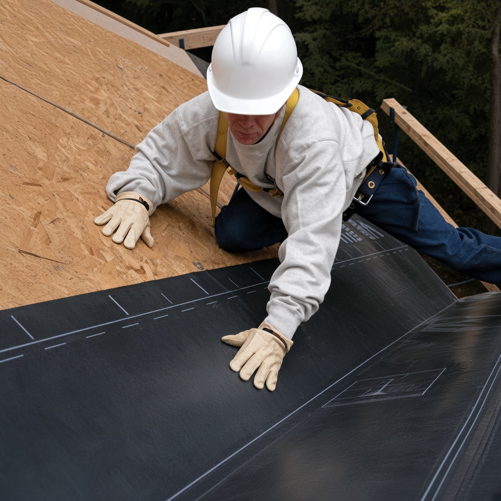 Installer rolling ice and water shield on a roof deck