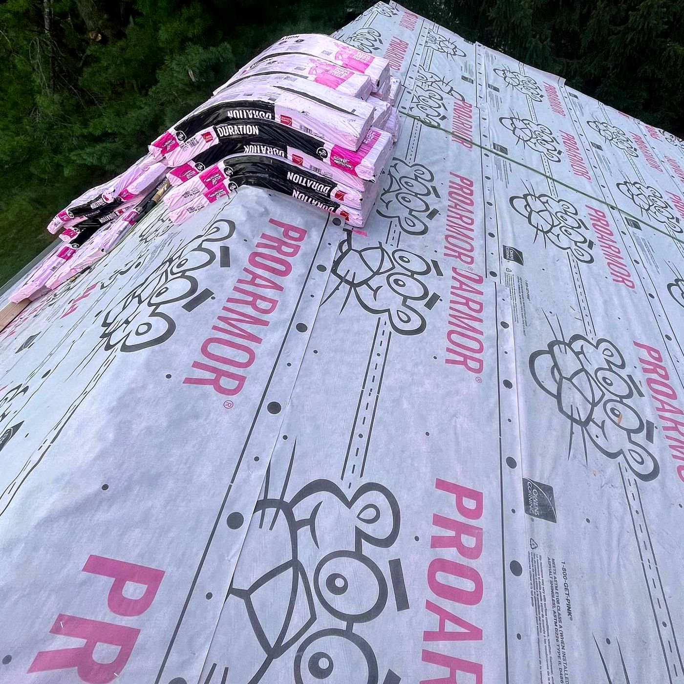 Owens Corning shingle bundles on ProArmor underlayment