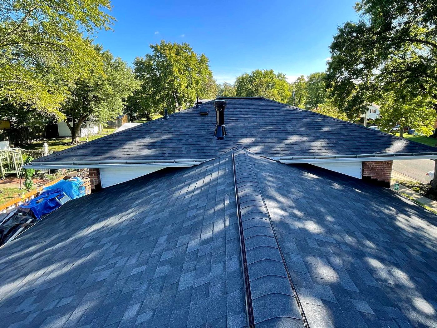 Aerial view of a finished hip roof