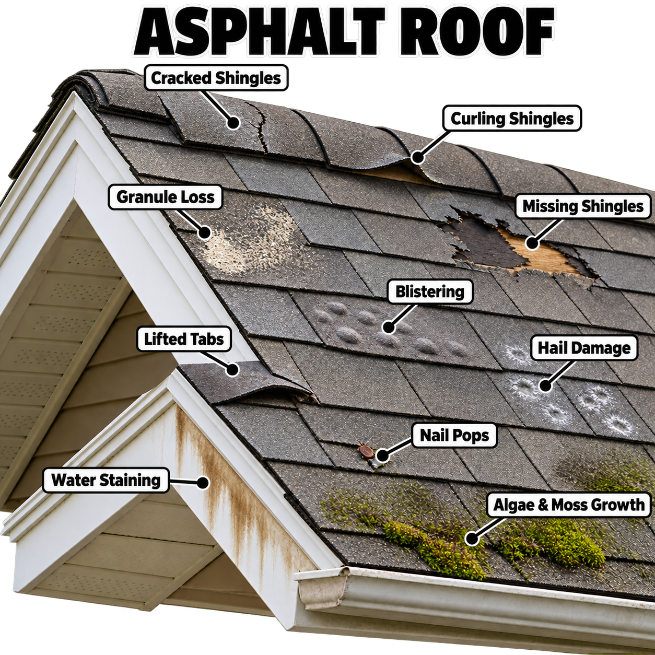 Asphalt roofing storm damage